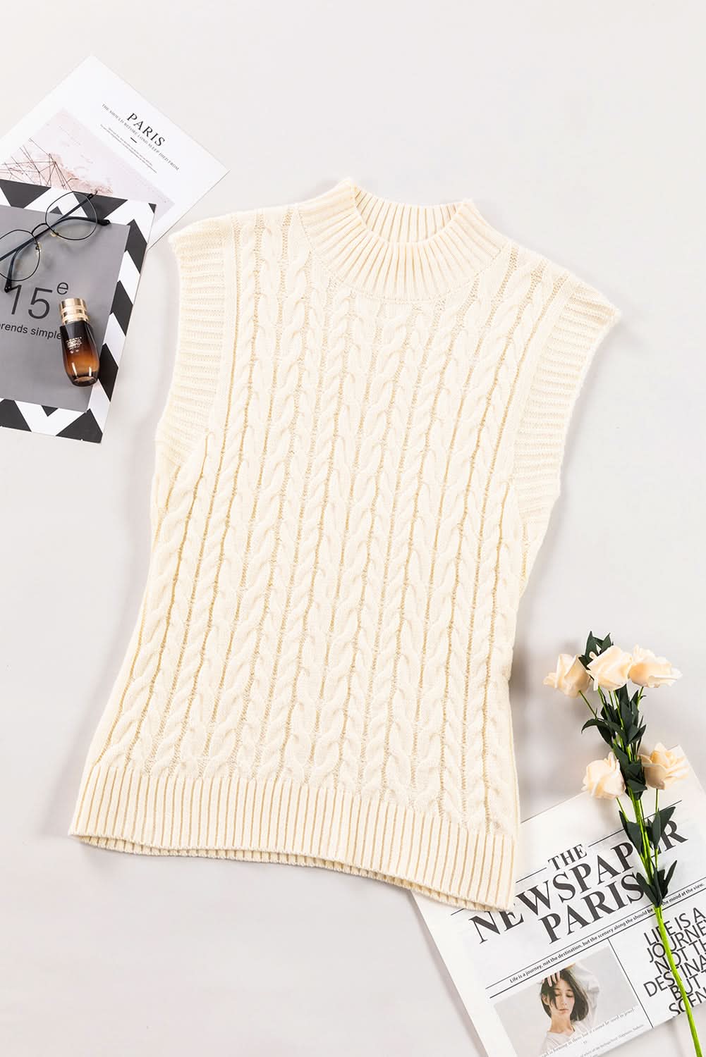 Oatmeal Cable Knit High Neck Sweater Vest - Love Salve